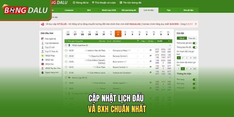 Cập nhật lịch đấu và BXH chuẩn nhất